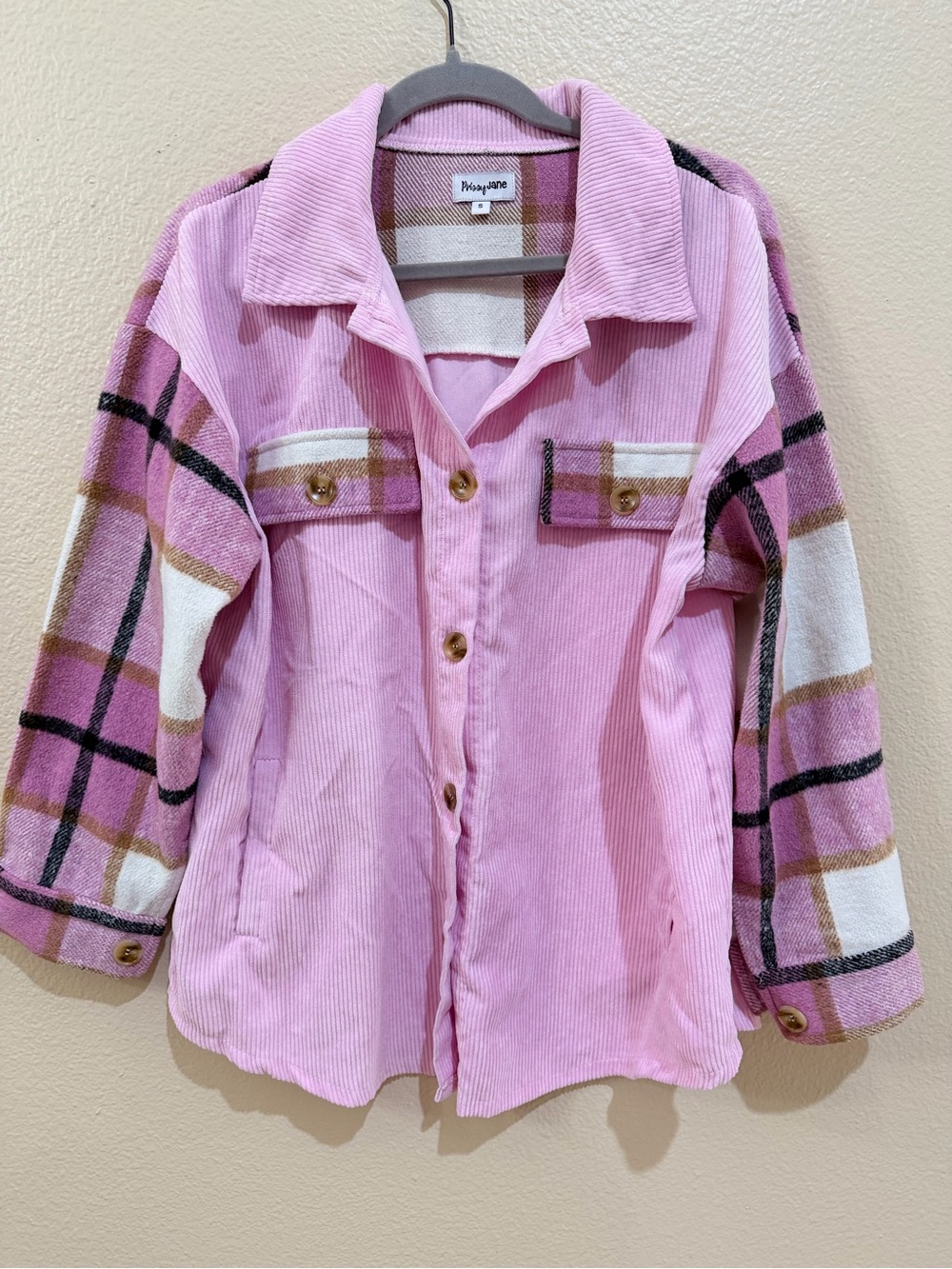 Prissy Jane Pink Corduroy Patchwork Plaid Flannel Shacket Jacket Size S Small